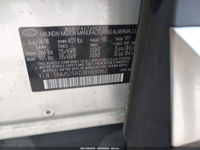 5NMS23AD3KH030862 Hyundai Santa Fe Se