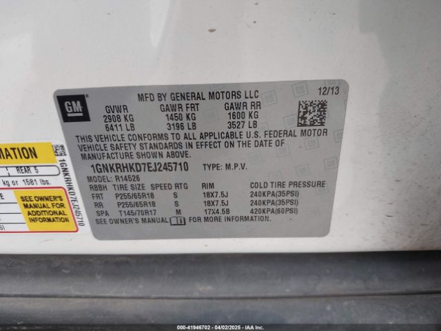 1GNKRHKD7EJ245710 Chevrolet Traverse 2lt
