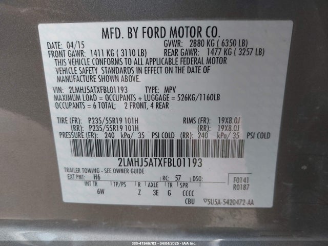 2LMHJ5ATXFBL01193 Lincoln MKT
