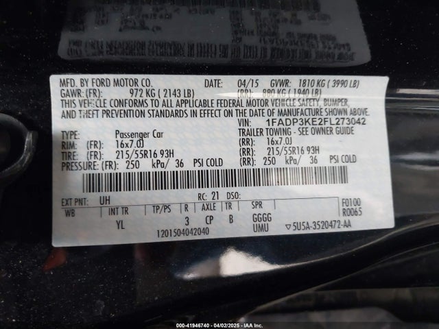 1FADP3KE2FL273042 Ford FOCUS SE