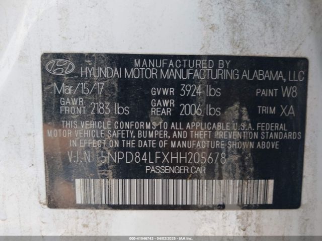 5NPD84LFXHH205678 Hyundai Elantra Limited