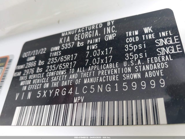 5XYRG4LC5NG159999 KIA SORENTO LX