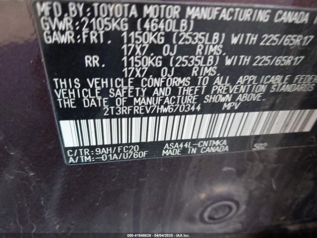 2T3RFREV7HW670344 Toyota Rav4 Xle