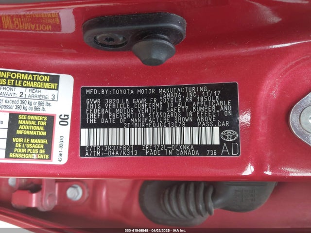 2T1BURHE0JC013078 Toyota COROLLA LE