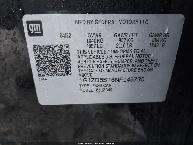 1G1ZD5ST6NF145735 Chevrolet Malibu Fwd Lt