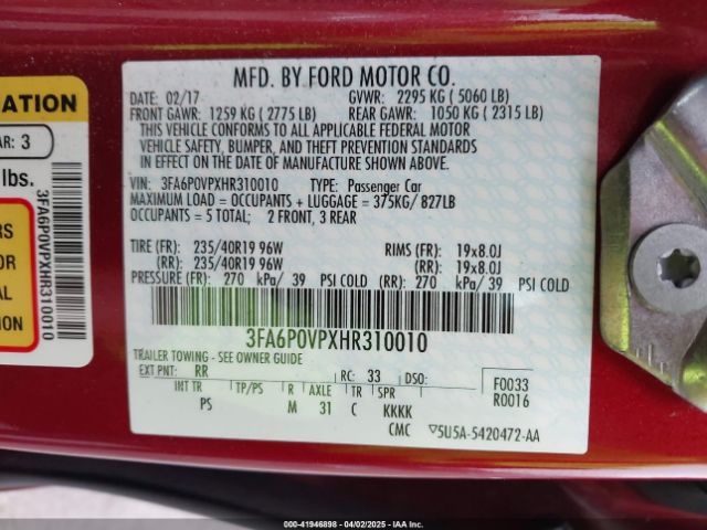 3FA6P0VPXHR310010 Ford Fusion Sport