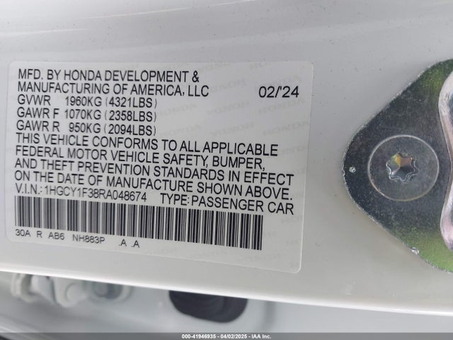 1HGCY1F38RA048674 Honda ACCORD EX