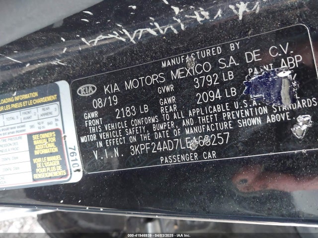 3KPF24AD7LE168257 KIA Forte Lxs