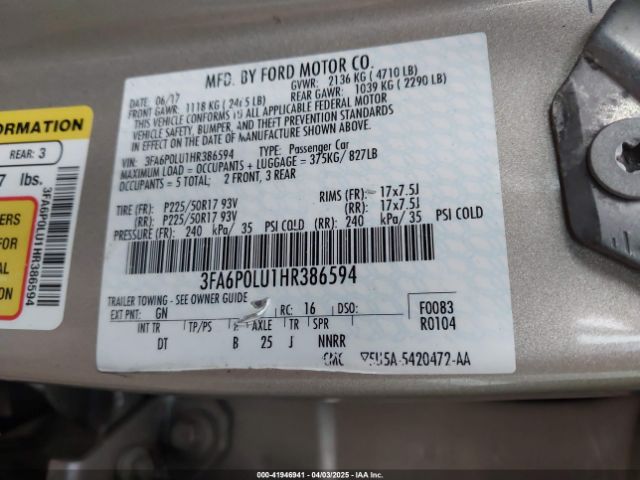 3FA6P0LU1HR386594 Ford Fusion Hybrid Se