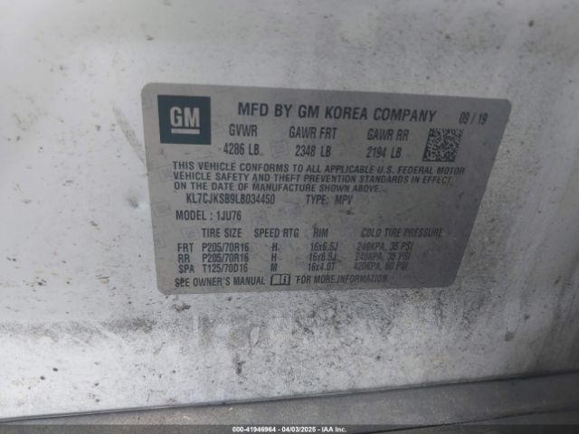 KL7CJKSB9LB034450 Chevrolet Trax Fwd Ls