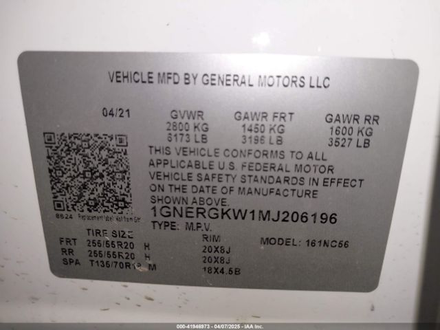 1GNERGKW1MJ206196 Chevrolet Traverse Fwd Lt Cloth