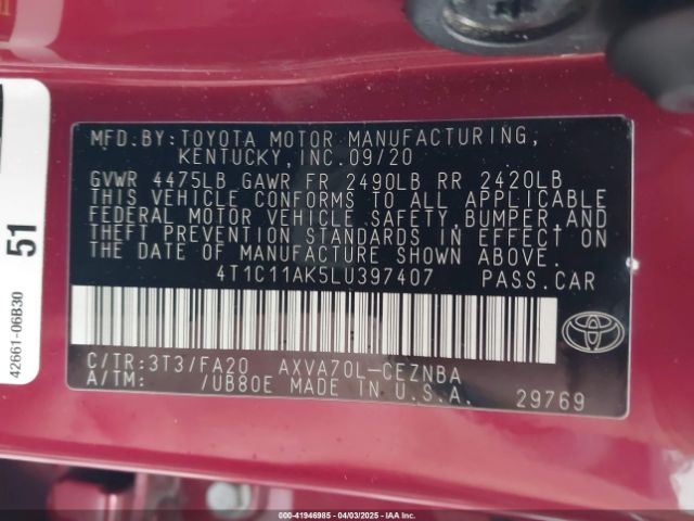 4T1C11AK5LU397407 Toyota CAMRY LE