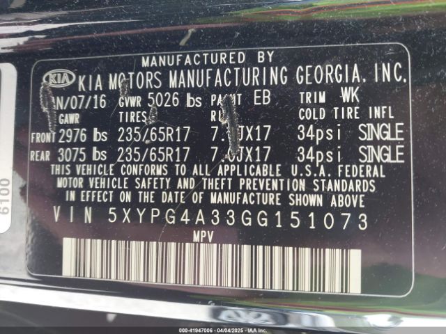 5XYPG4A33GG151073 KIA Sorento 2.4l Lx