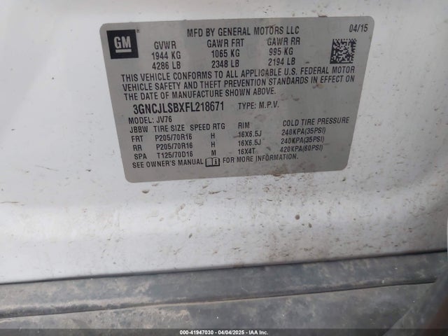 Chevrolet Trax Lt 2015 3GNCJLSBXFL218671 Image 9