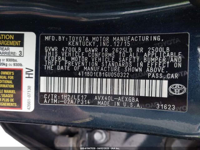 4T1BD1EB1GU050322 Toyota Avalon Hybrid Xle Premium