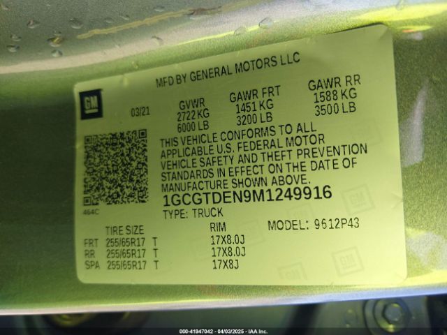 1GCGTDEN9M1249916 Chevrolet Colorado 4wd  Short Box Z71