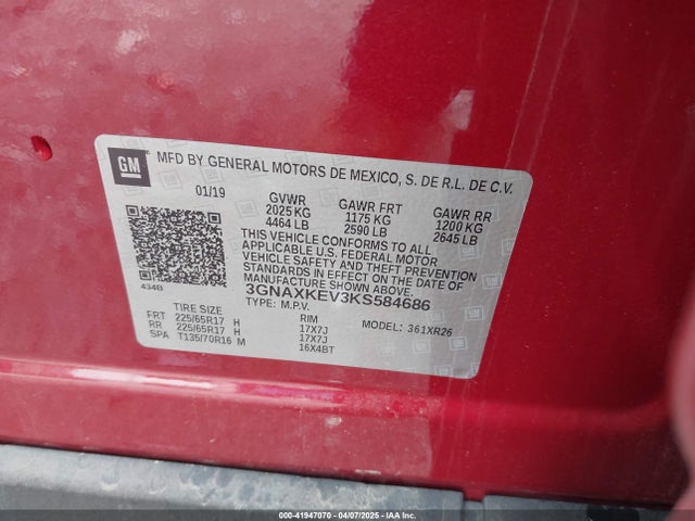 3GNAXKEV3KS584686 Chevrolet EQUINOX LT
