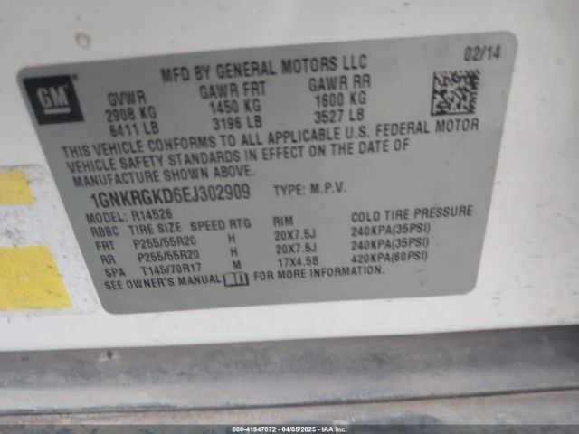 1GNKRGKD6EJ302909 Chevrolet llt