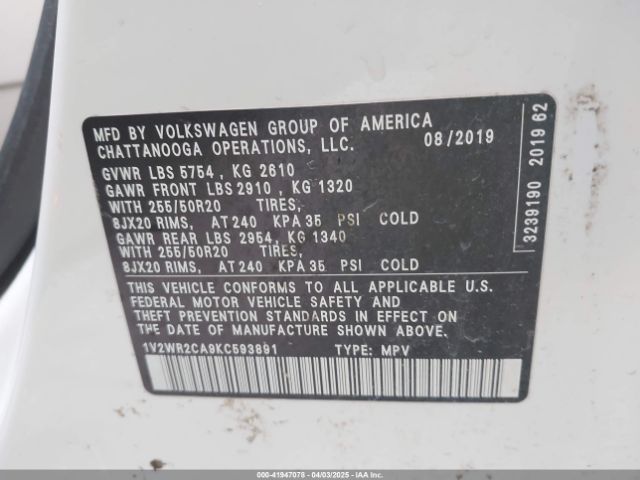 1V2WR2CA9KC593891 Volkswagen Atlas 3.6l V6 Se W/technology
