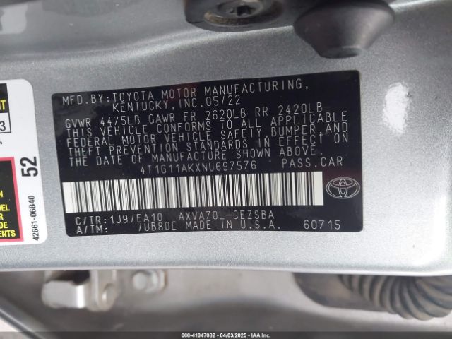 4T1G11AKXNU697576 Toyota CAMRY SE
