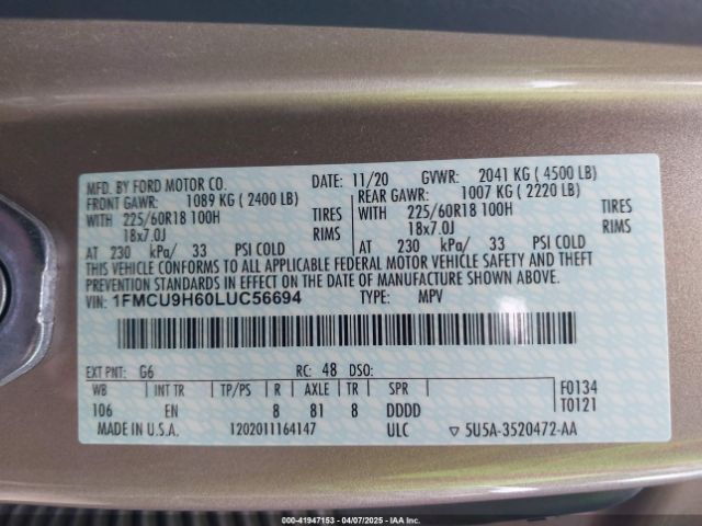 1FMCU9H60LUC56694 Ford ESCAPE SEL