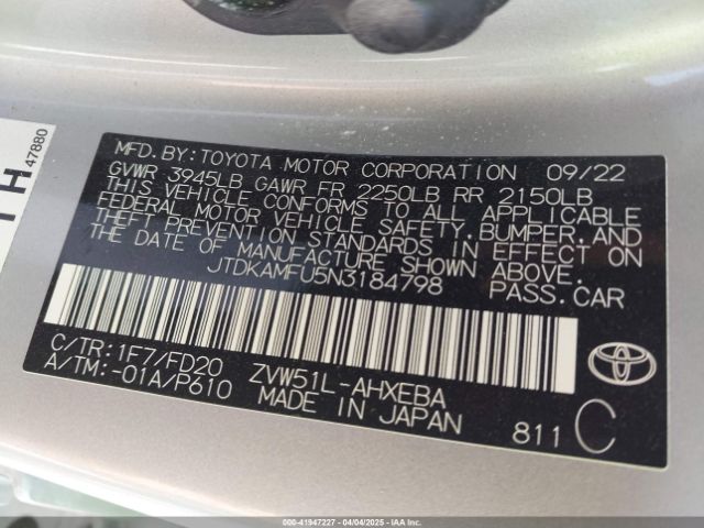 JTDKAMFU5N3184798 Toyota Prius Le