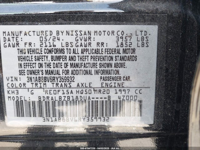 3N1AB8BV6RY359932 Nissan Sentra S Xtronic Cvt
