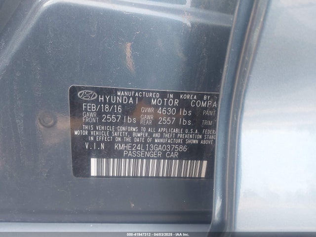 Aukcja sprzedaży 2016 Hyundai Sonata Hybrid Se, vin: KMHE24L13GA037586, numer aukcji: 41947312