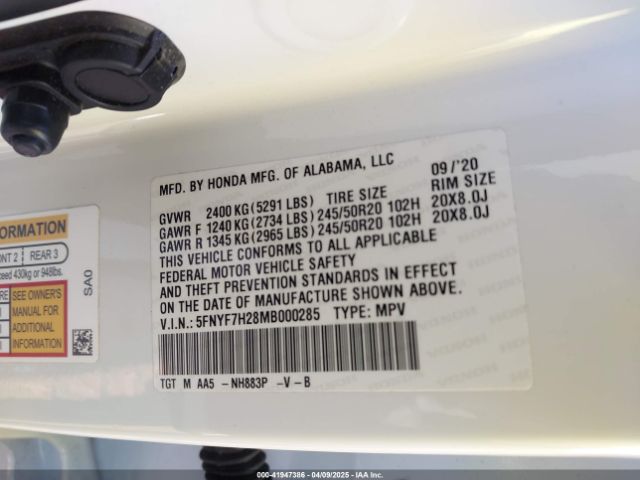 5FNYF7H28MB000285 Honda Passport 2wd Sport