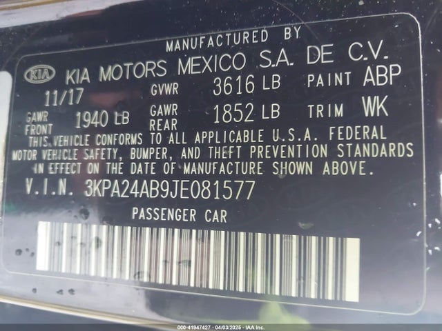 3KPA24AB9JE081577 KIA gdi gamma