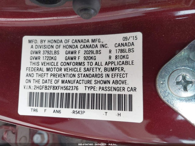 2HGFB2F8XFH562376 Honda CIVIC EX