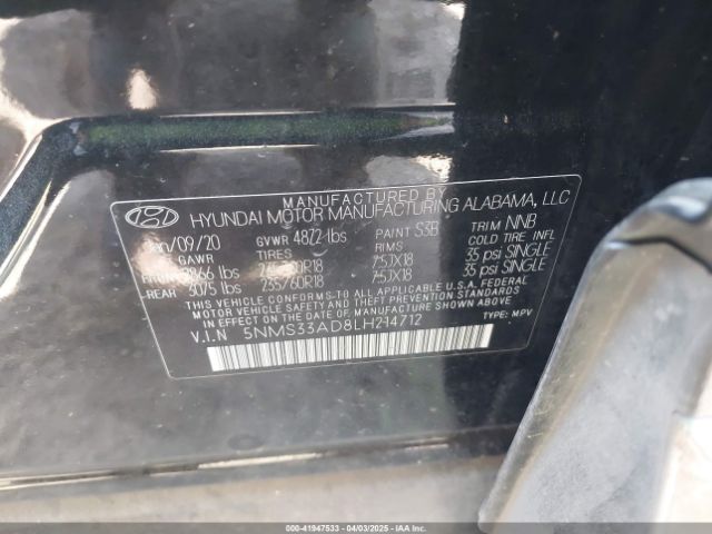 5NMS33AD8LH214712 Hyundai Santa Fe Sel