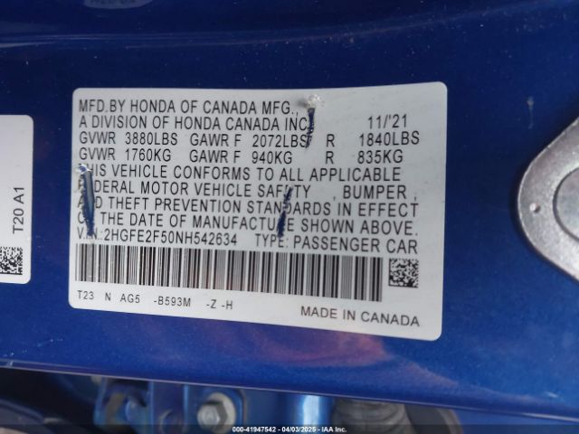 2HGFE2F50NH542634 Honda Civic Sport