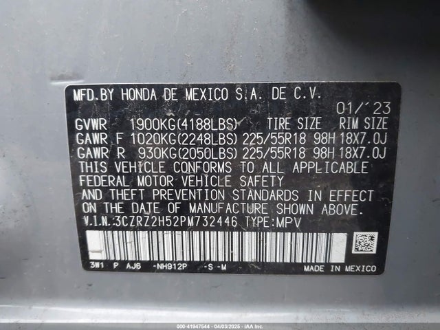 3CZRZ2H52PM732446 Honda Hr-v Awd Sport