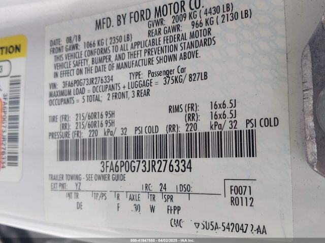3FA6P0G73JR276334 Ford FUSION S