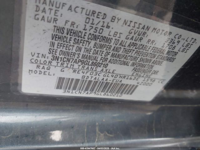 3N1CN7AP9GL860210 Nissan Versa 1.6 S