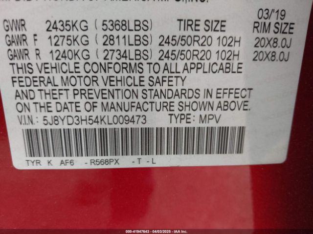 5J8YD3H54KL009473 Acura Mdx Tech Pkg