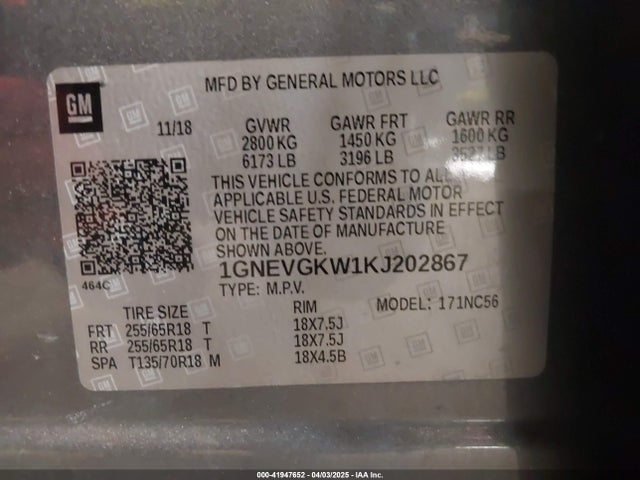 1GNEVGKW1KJ202867 Chevrolet Traverse 1lt