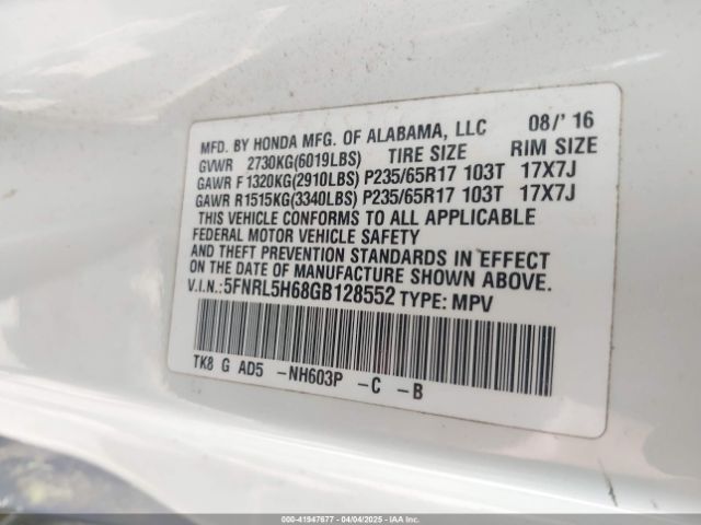 5FNRL5H68GB128552 Honda Odyssey Ex-l