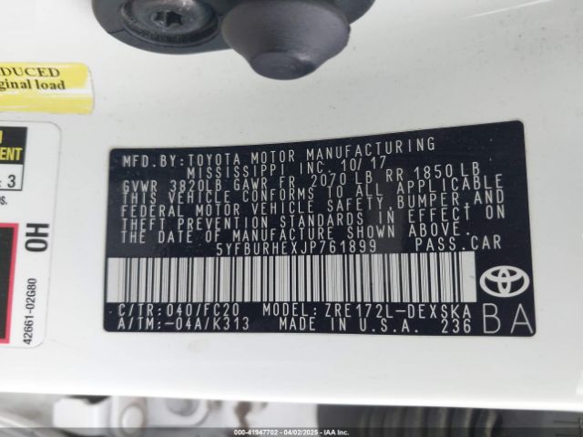 5YFBURHEXJP761899 Toyota COROLLA SE