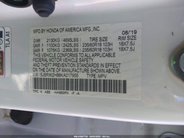 5J6RW2H88KA017955 Honda Cr-v Ex-l