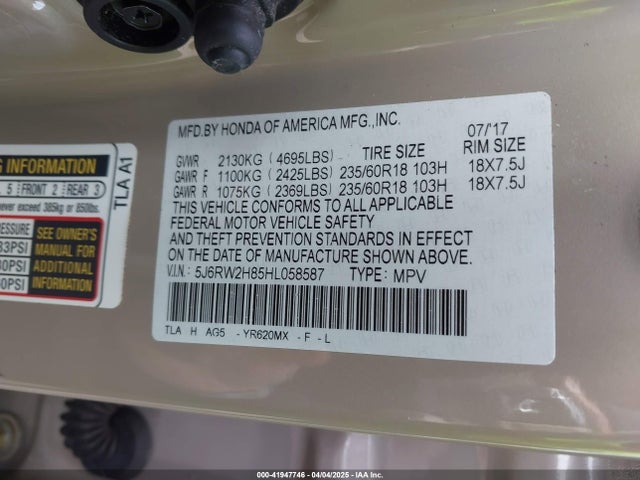 5J6RW2H85HL058587 Honda Cr-v Ex-l/ex-l Navi