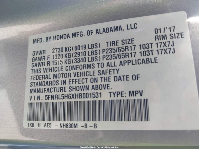 5FNRL5H6XHB001531 Honda Odyssey Ex-l