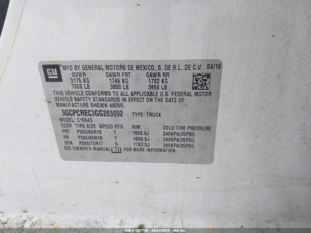 3GCPCREC3GG283092 Chevrolet Silverado 1500 1lt