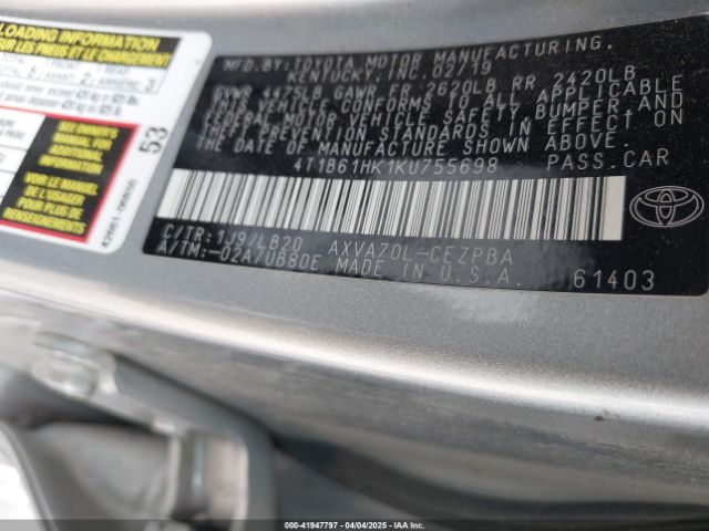 4T1B61HK1KU755698 Toyota CAMRY XSE
