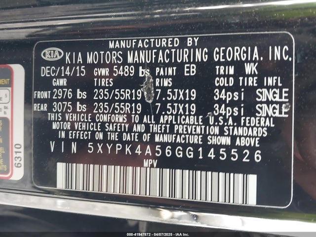 5XYPK4A56GG145526 KIA Sorento 3.3l Sx