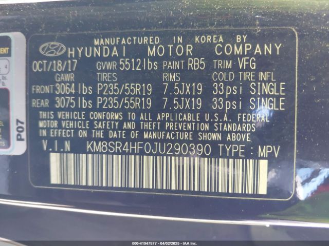 KM8SR4HF0JU290390 Hyundai Santa Fe Limited Ultimate