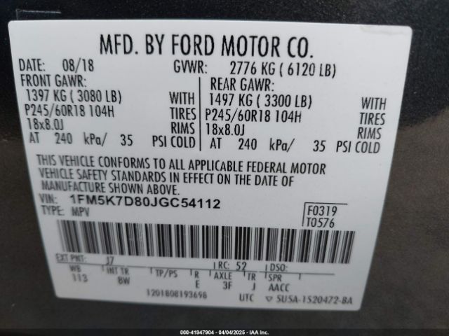 1FM5K7D80JGC54112 Ford EXPLORER XLT