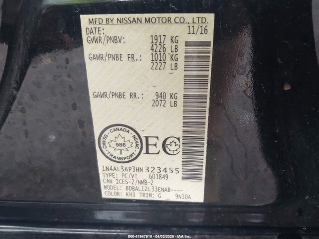 1N4AL3AP3HN323455 Nissan Altima 2.5/2.5 S/2.5 Sl/2.5 Sr/2.5 Sv
