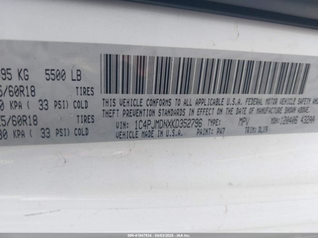 1C4PJMDNXKD352796 Jeep Cherokee Limited 4x4